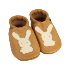 Hausschuhe / Lederpuschen Mit Hase In Caramel / Beige
