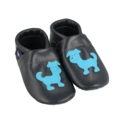 Hausschuhe / Lederpuschen Mit Hund In Blau / Hellblau