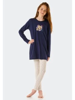 Schiesser Pyjama In Dunkelblau/ Creme